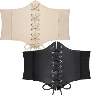 WERFORU 2 Pack Women Corset Elastic Belt Wide Vintage Lace-up Tied Costume Waspie Waist Belt Halloween