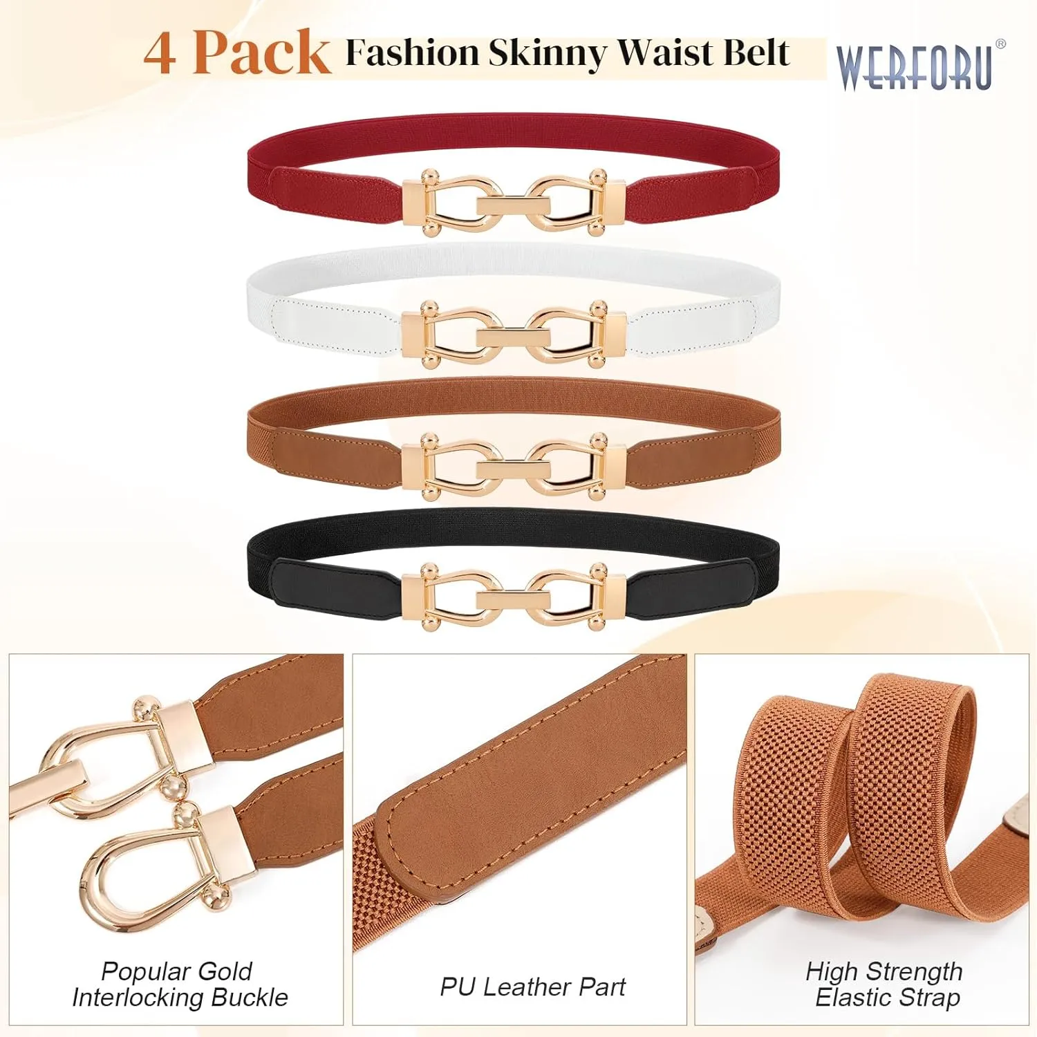 WERFORU 4 Pack Women Skinny Elastic Waist Belt Gold Buckle Stretchy Thin Belt for Jeans Dress