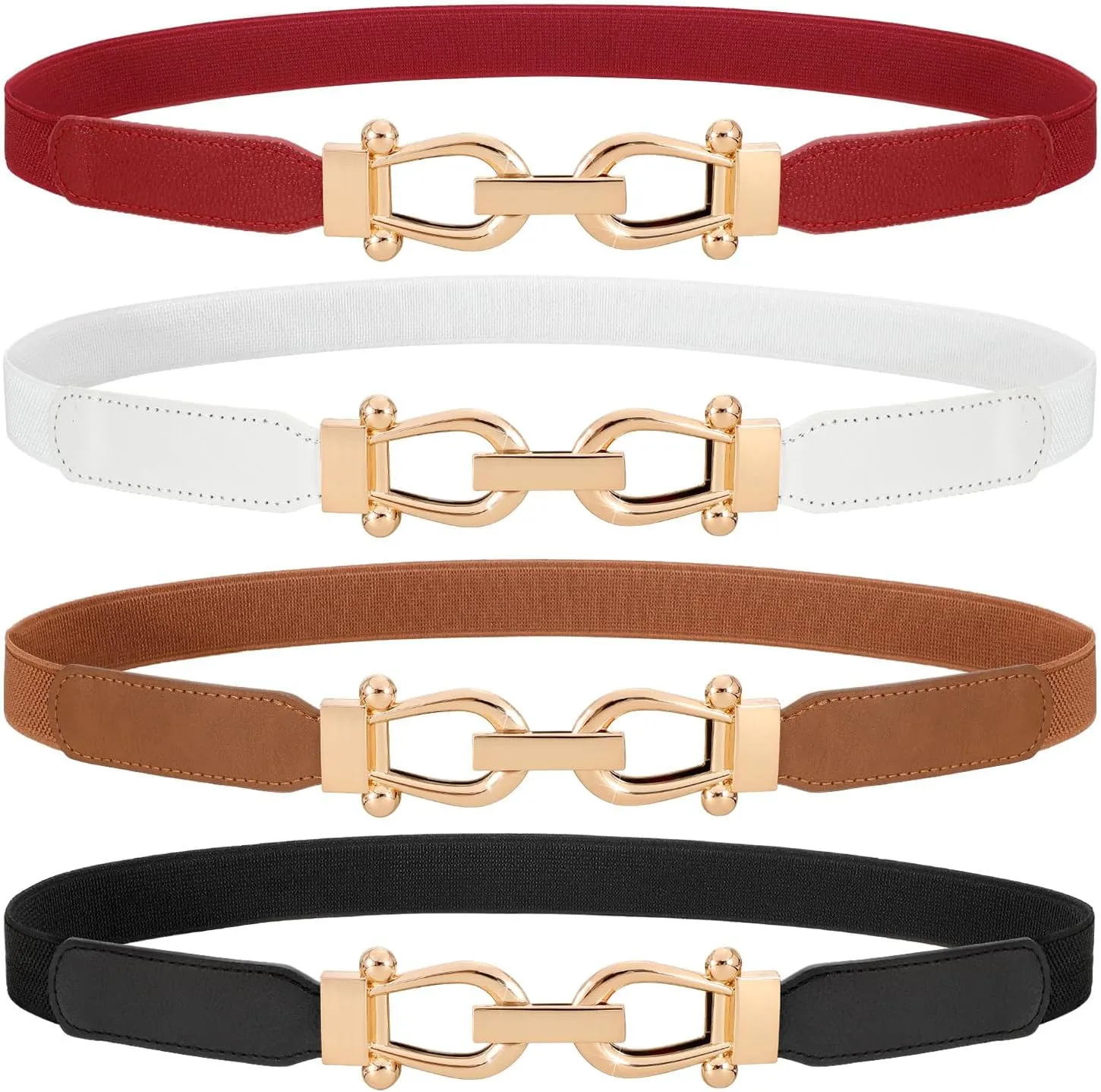 WERFORU 4 Pack Women Skinny Elastic Waist Belt Gold Buckle Stretchy Thin Belt for Jeans Dress