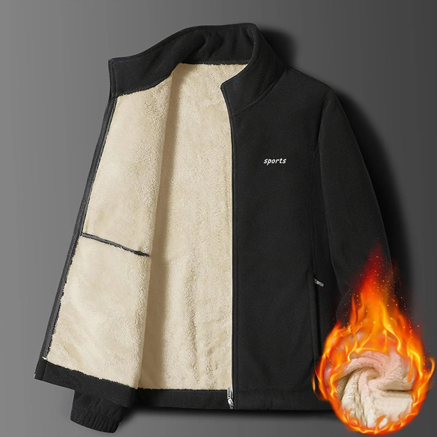 Winter Coats for Men Thick Thermal Band Collar Fleece Lined Solid Jacket Full Zip Long Sleeves Warm Cargo Jackets