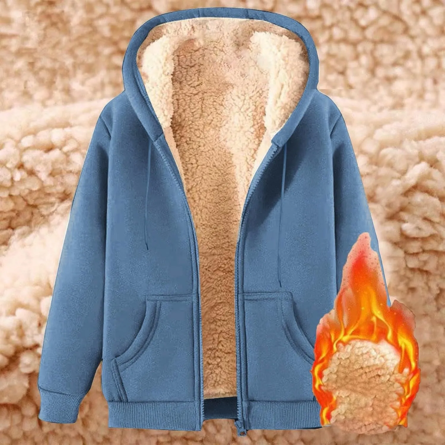 Winter Jackets for Men Fleece Lined Hooded Jacket Zip up Fuzzy Hoodie Faux Fur Coat Thermal Outerwear Unisex Hoodies