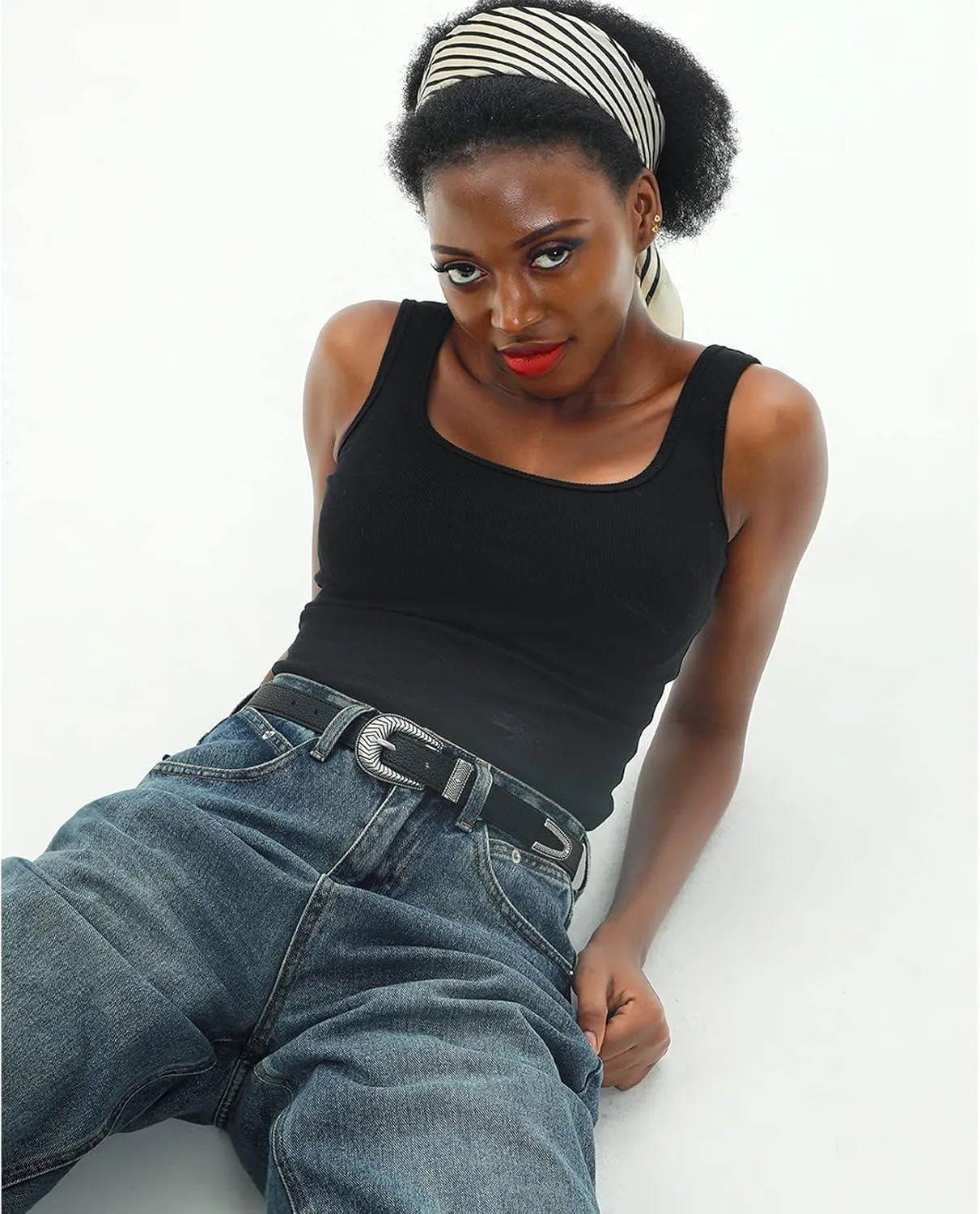 Women Vintage Belts Ladies Western Design Black Waist Belt for Jeans Pants Dress