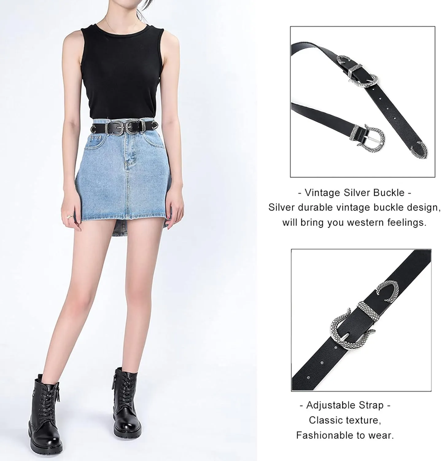 Women Vintage Belts Ladies Western Design Black Waist Belt for Jeans Pants Dress