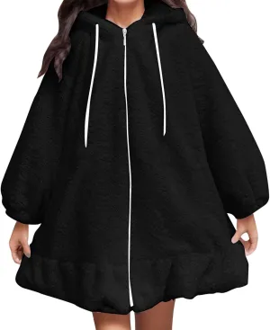 Womens 2024 Cute Zip Drawstring Fleece Coat Long Sleeve with Bunny Hood Outwear Casual Warm Soft Overcoat Home Clothes