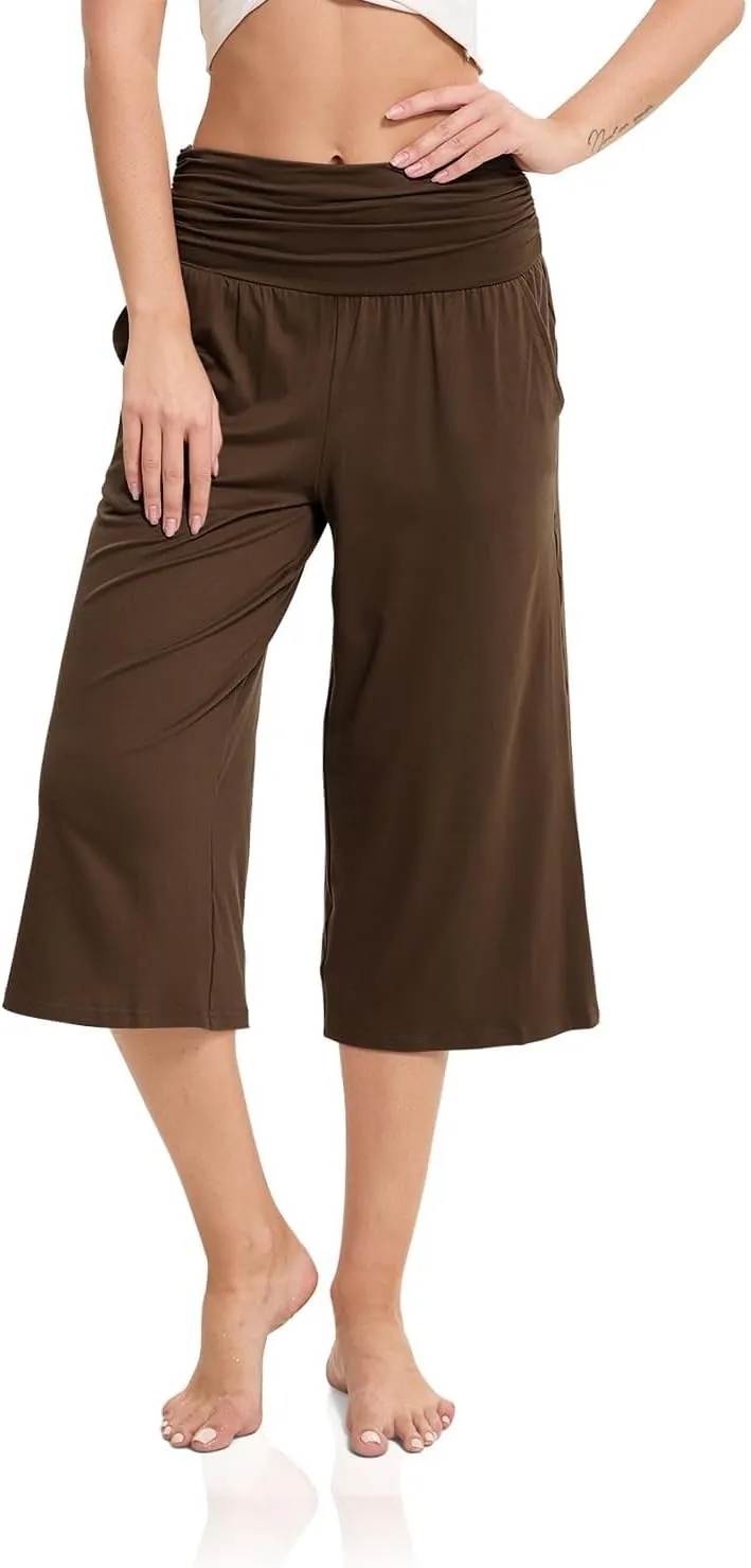 Women's Capri Pants Elastic Waist Wide Leg Loose Pants Cropped Trousers with Pockets Summer Casual Yoga Sweatpants