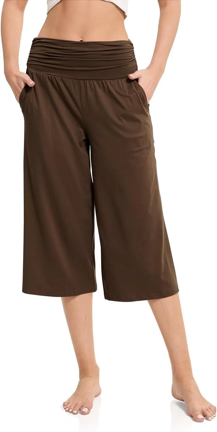 Women's Capri Pants Elastic Waist Wide Leg Loose Pants Cropped Trousers with Pockets Summer Casual Yoga Sweatpants
