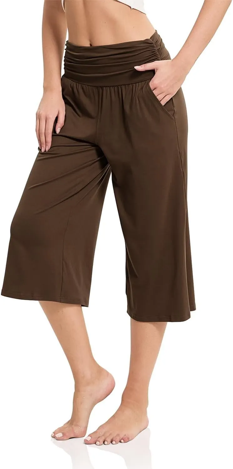 Women's Capri Pants Elastic Waist Wide Leg Loose Pants Cropped Trousers with Pockets Summer Casual Yoga Sweatpants
