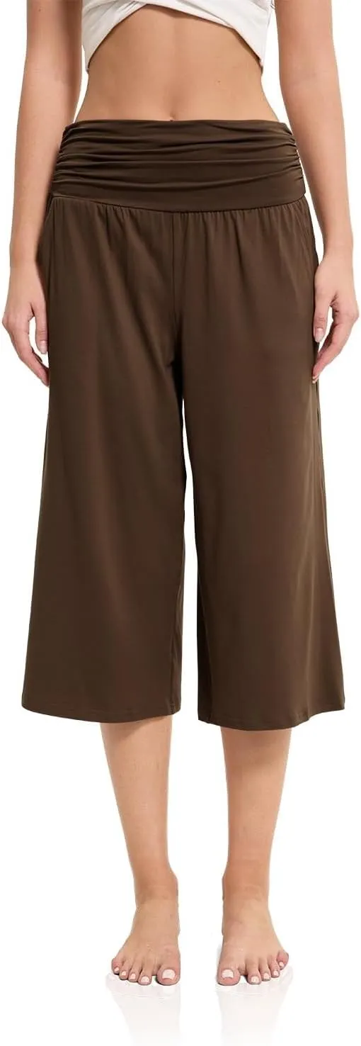 Women's Capri Pants Elastic Waist Wide Leg Loose Pants Cropped Trousers with Pockets Summer Casual Yoga Sweatpants