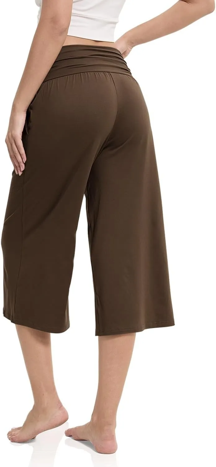 Women's Capri Pants Elastic Waist Wide Leg Loose Pants Cropped Trousers with Pockets Summer Casual Yoga Sweatpants