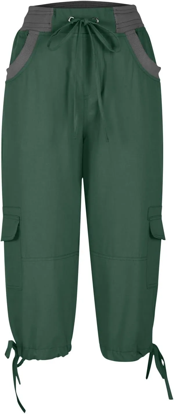 Womens Cargo Capris Summer Casual Cropped Linen Pants Low Rise Drawstring Outdoor Hiking Pants Cotton Bermuda Shorts