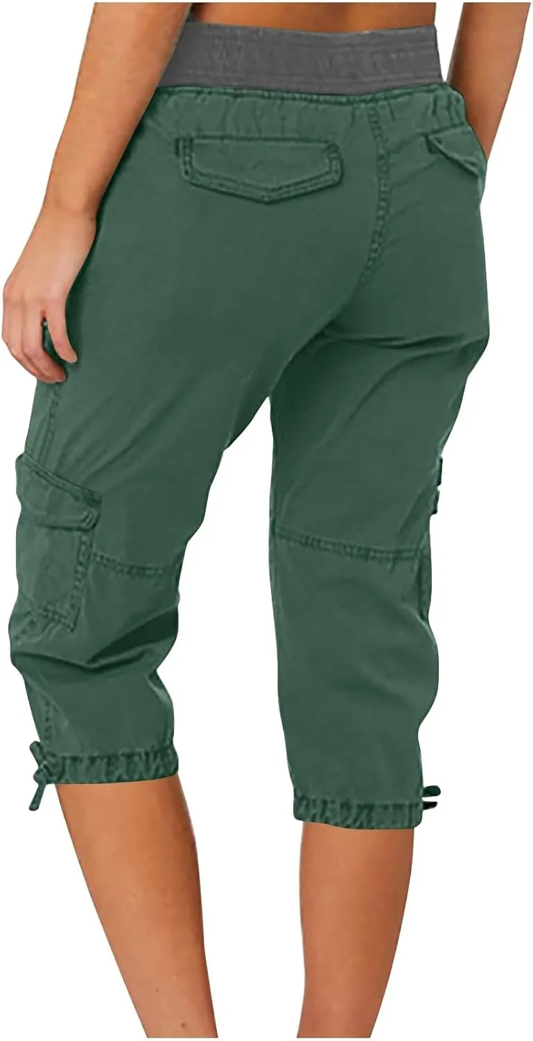 Womens Cargo Capris Summer Casual Cropped Linen Pants Low Rise Drawstring Outdoor Hiking Pants Cotton Bermuda Shorts