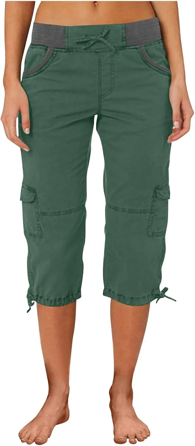Womens Cargo Capris Summer Casual Cropped Linen Pants Low Rise Drawstring Outdoor Hiking Pants Cotton Bermuda Shorts