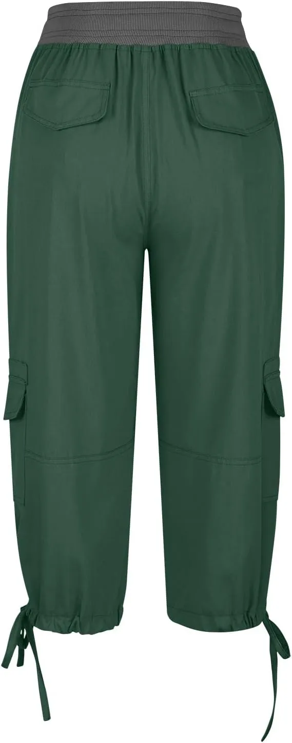 Womens Cargo Capris Summer Casual Cropped Linen Pants Low Rise Drawstring Outdoor Hiking Pants Cotton Bermuda Shorts