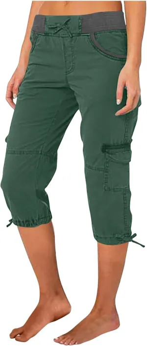 Womens Cargo Capris Summer Casual Cropped Linen Pants Low Rise Drawstring Outdoor Hiking Pants Cotton Bermuda Shorts