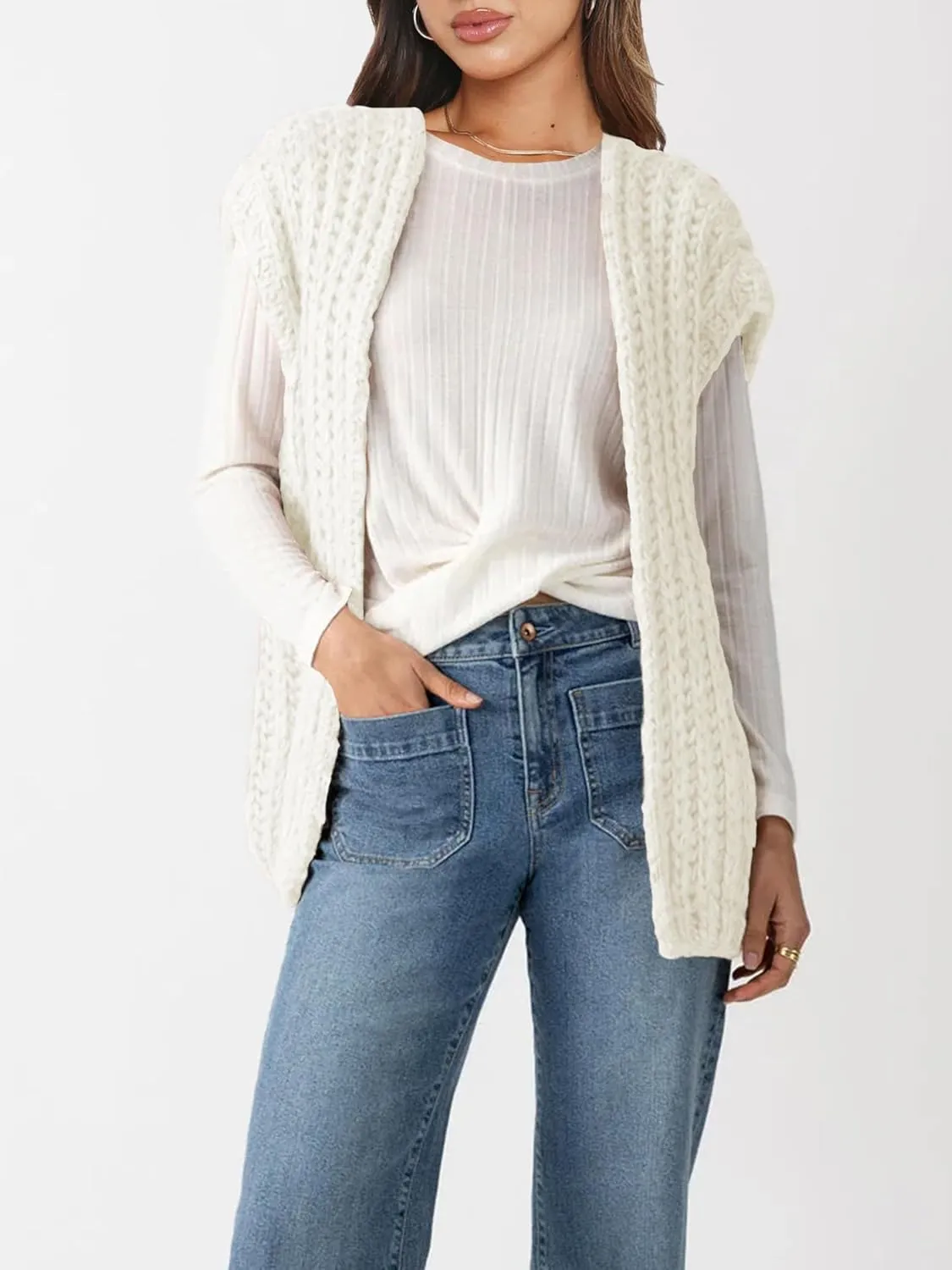 Womens Chunky Knit Sweater Vest Spring Casual Cap Sleeve Open Front Cardigan Sweater Tops