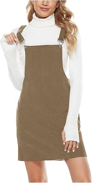 Women's Corduroy Bib Dress Turtleneck Long Sleeve Dress Knit Slim Fit Bodycon Dress Fashion Midi Dress Jumpsuit