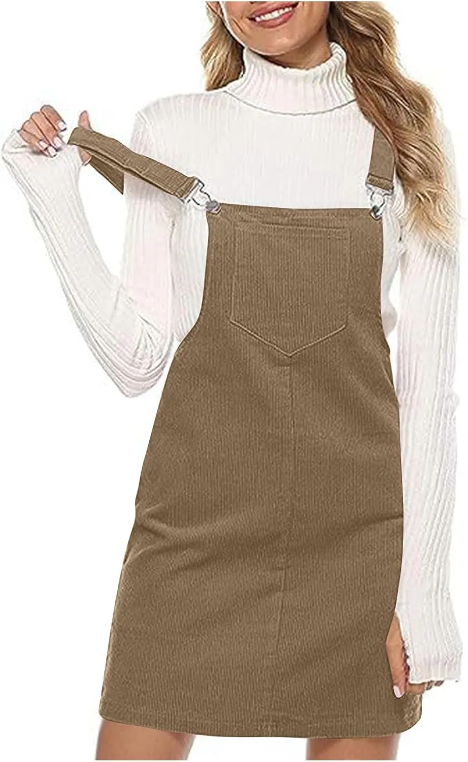 Women's Corduroy Bib Dress Turtleneck Long Sleeve Dress Knit Slim Fit Bodycon Dress Fashion Midi Dress Jumpsuit