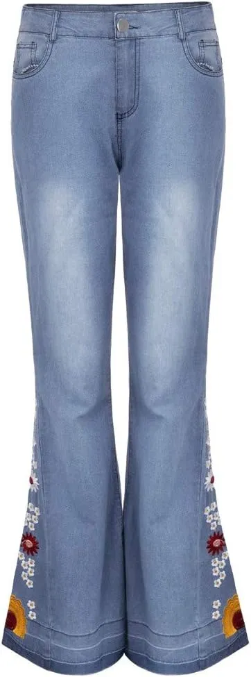 Women's Embroidered Bell Bottom Pants - Bootcut Flare Jeans with Button Fly - 70S Vintage Y2K Style