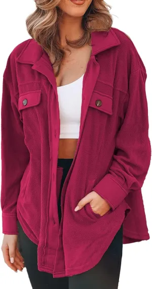 Womens Fleece Button Down Shacket Jacket Shirts Lapel Collar Long Sleeve Boyfriend Tops Casual Loose Fall Blouses