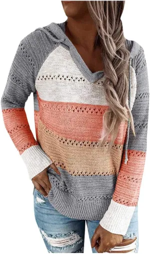 Womens Hoodies Striped Color Block V Neck Knit Fall Pullover Sweater Loose Long Sleeve Drawstring Sweatshirts Tops