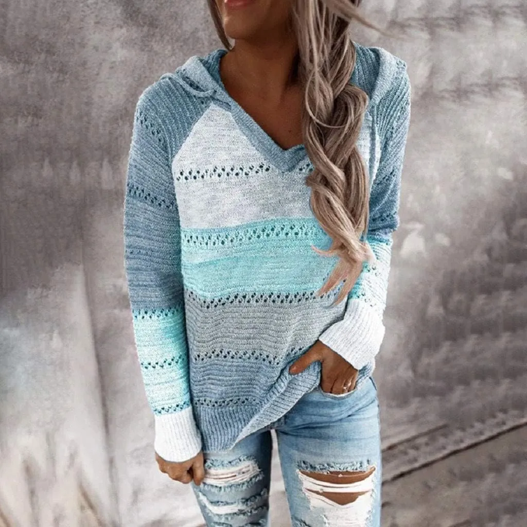 Womens Hoodies Striped Color Block V Neck Knit Fall Pullover Sweater Loose Long Sleeve Drawstring Sweatshirts Tops