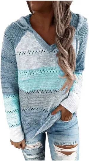 Womens Hoodies Striped Color Block V Neck Knit Fall Pullover Sweater Loose Long Sleeve Drawstring Sweatshirts Tops