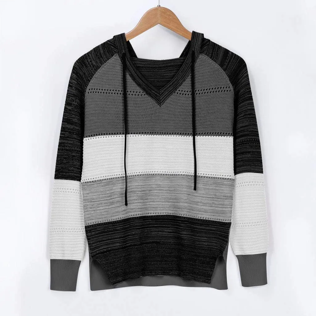 Womens Hoodies Striped Color Block V Neck Knit Fall Pullover Sweater Loose Long Sleeve Drawstring Sweatshirts Tops