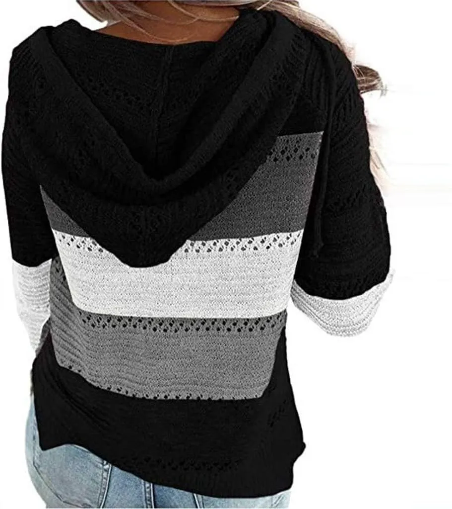 Womens Hoodies Striped Color Block V Neck Knit Fall Pullover Sweater Loose Long Sleeve Drawstring Sweatshirts Tops