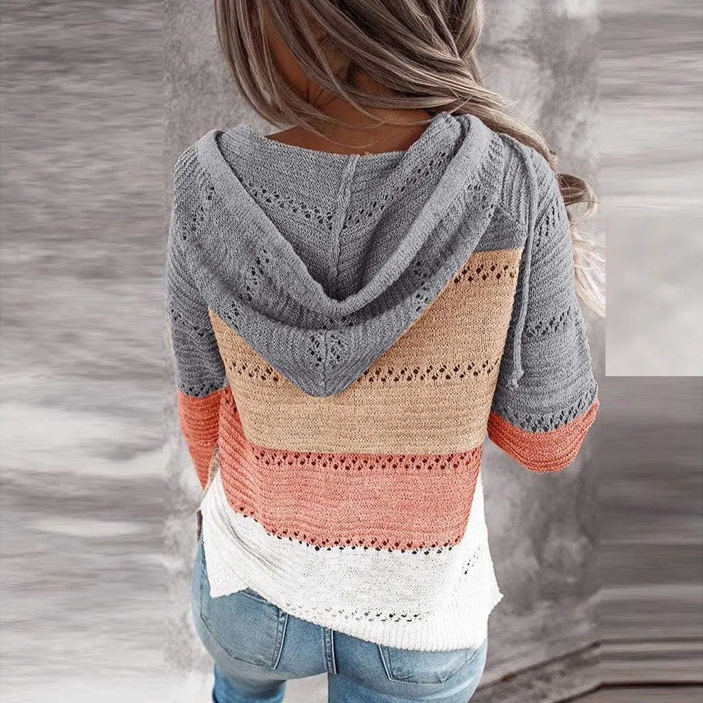 Womens Hoodies Striped Color Block V Neck Knit Fall Pullover Sweater Loose Long Sleeve Drawstring Sweatshirts Tops