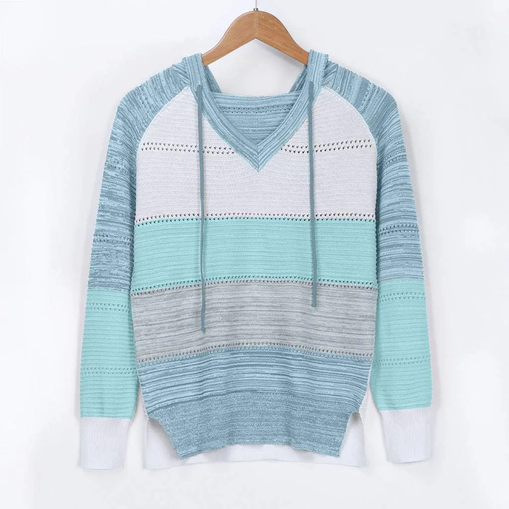 Womens Hoodies Striped Color Block V Neck Knit Fall Pullover Sweater Loose Long Sleeve Drawstring Sweatshirts Tops