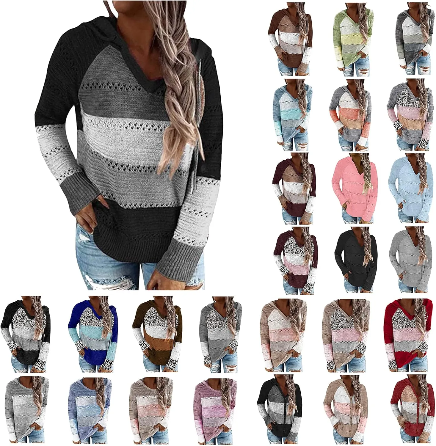 Womens Hoodies Striped Color Block V Neck Knit Fall Pullover Sweater Loose Long Sleeve Drawstring Sweatshirts Tops