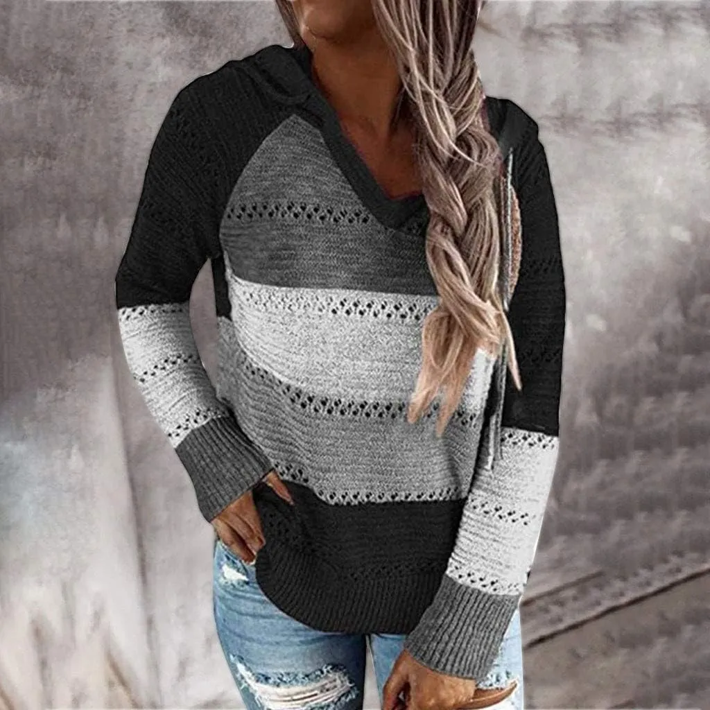 Womens Hoodies Striped Color Block V Neck Knit Fall Pullover Sweater Loose Long Sleeve Drawstring Sweatshirts Tops