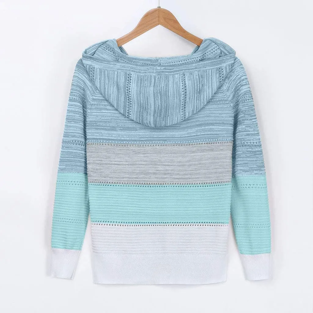 Womens Hoodies Striped Color Block V Neck Knit Fall Pullover Sweater Loose Long Sleeve Drawstring Sweatshirts Tops