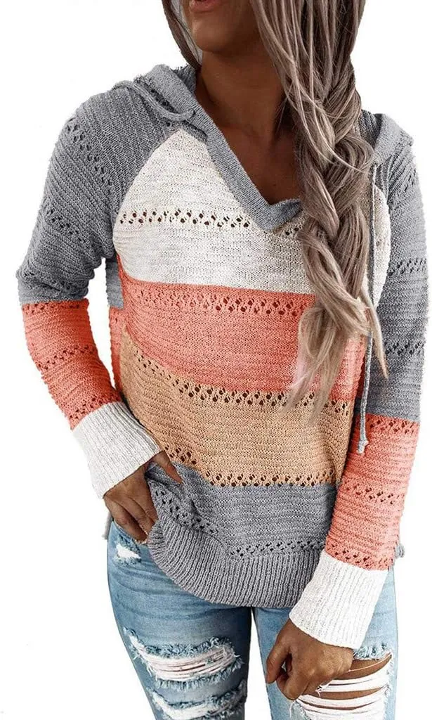 Womens Hoodies Striped Color Block V Neck Knit Fall Pullover Sweater Loose Long Sleeve Drawstring Sweatshirts Tops