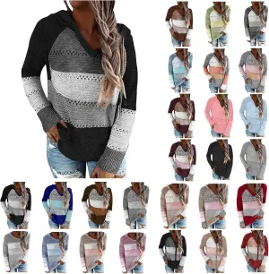 Womens Hoodies Striped Color Block V Neck Knit Fall Pullover Sweater Loose Long Sleeve Drawstring Sweatshirts Tops