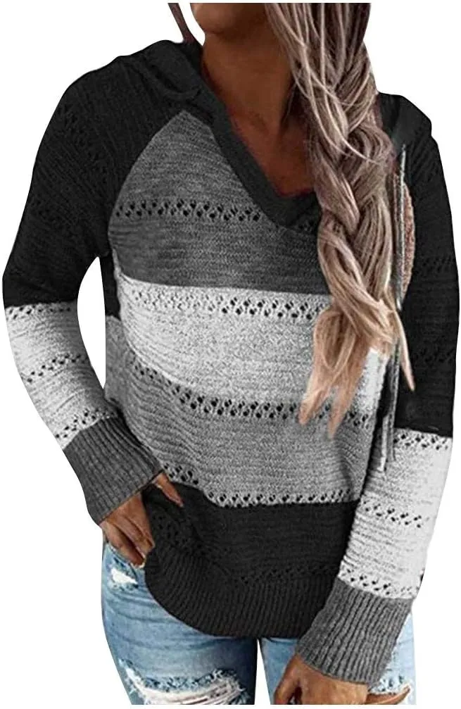 Womens Hoodies Striped Color Block V Neck Knit Fall Pullover Sweater Loose Long Sleeve Drawstring Sweatshirts Tops