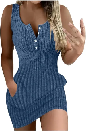 Women's Knitted Mini Dress Button Down V Neck Short Party Dress Ribbed Solid Dress Sleeveless Bodycon Pencil Dress
