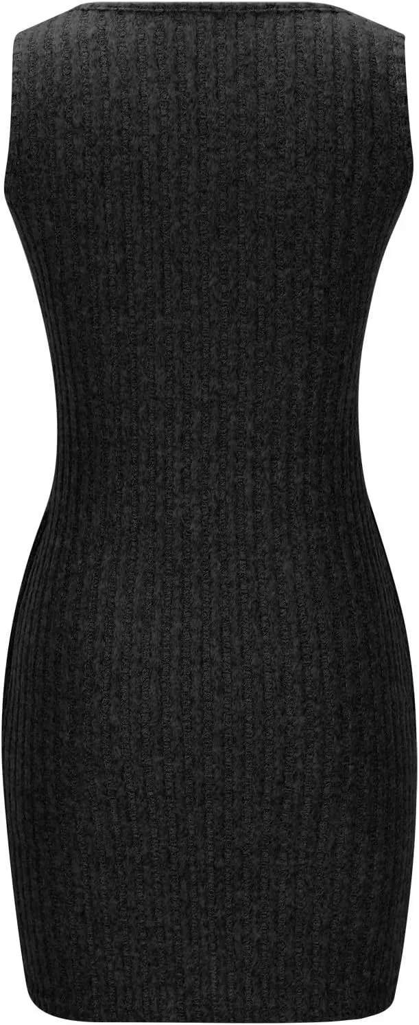 Women's Knitted Mini Dress Button Down V Neck Short Party Dress Ribbed Solid Dress Sleeveless Bodycon Pencil Dress