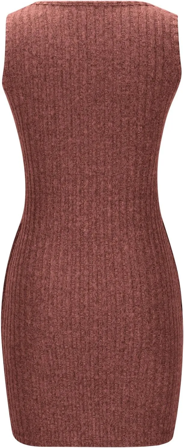 Women's Knitted Mini Dress Button Down V Neck Short Party Dress Ribbed Solid Dress Sleeveless Bodycon Pencil Dress
