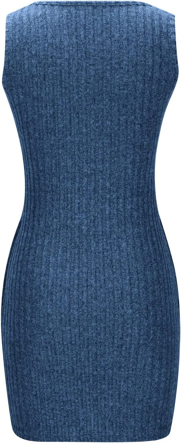 Women's Knitted Mini Dress Button Down V Neck Short Party Dress Ribbed Solid Dress Sleeveless Bodycon Pencil Dress