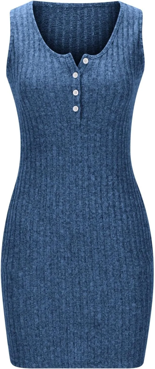Women's Knitted Mini Dress Button Down V Neck Short Party Dress Ribbed Solid Dress Sleeveless Bodycon Pencil Dress