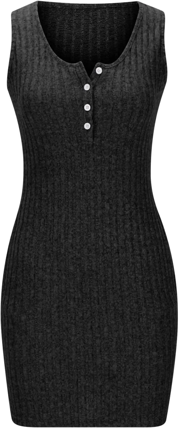 Women's Knitted Mini Dress Button Down V Neck Short Party Dress Ribbed Solid Dress Sleeveless Bodycon Pencil Dress
