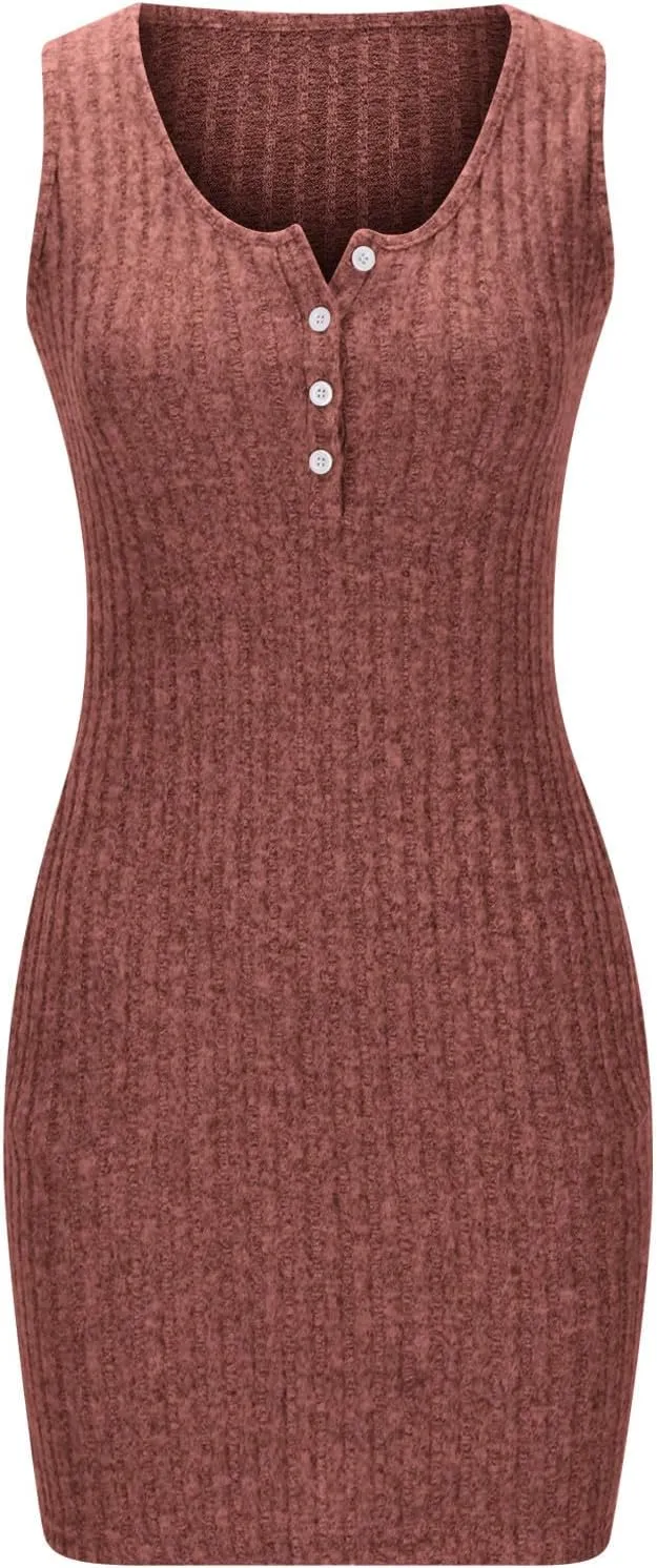 Women's Knitted Mini Dress Button Down V Neck Short Party Dress Ribbed Solid Dress Sleeveless Bodycon Pencil Dress