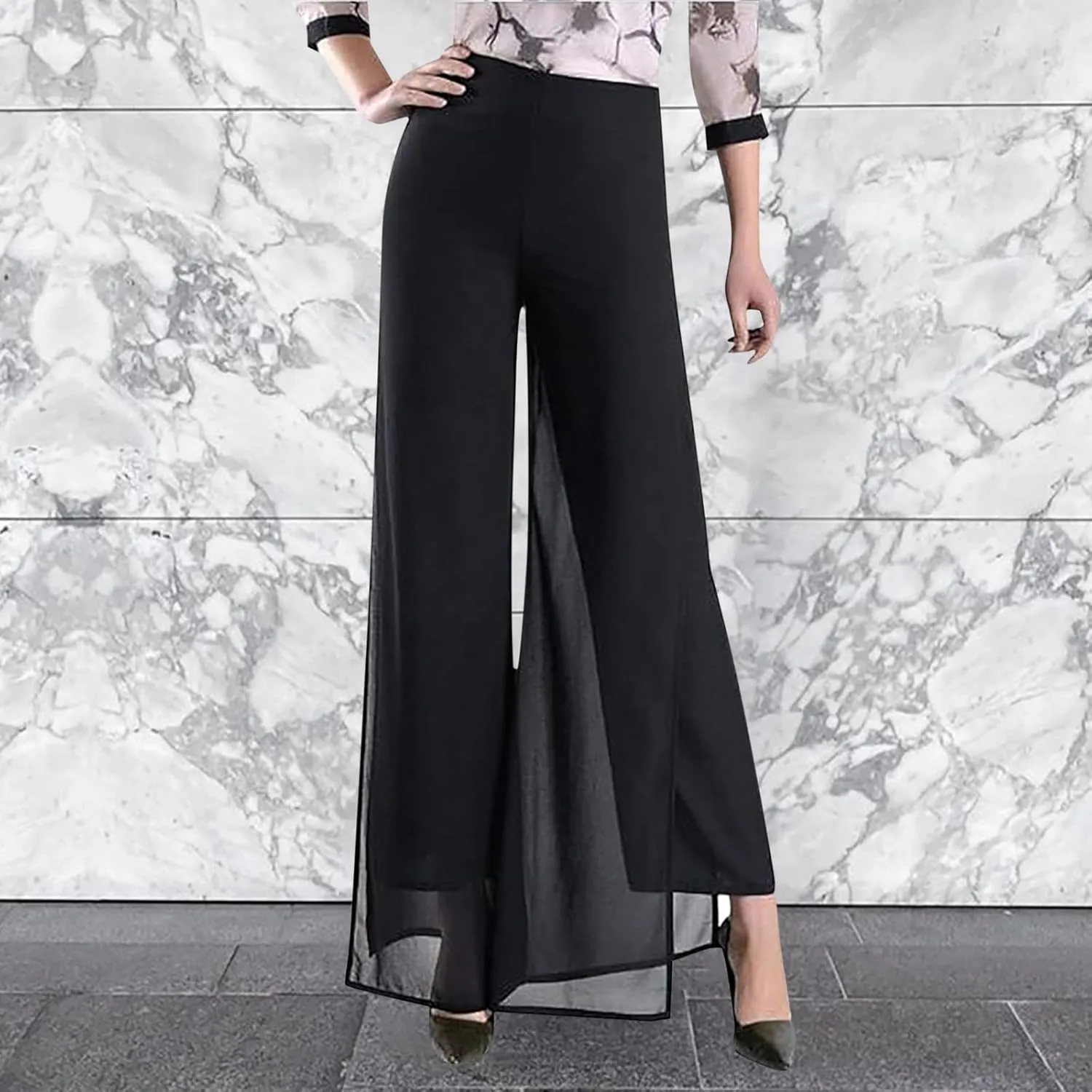 Women's Lightweight Chiffon Flowy Wide Leg Dress Pants High Elastic Waisted Trousers Flared Business Casual Pants