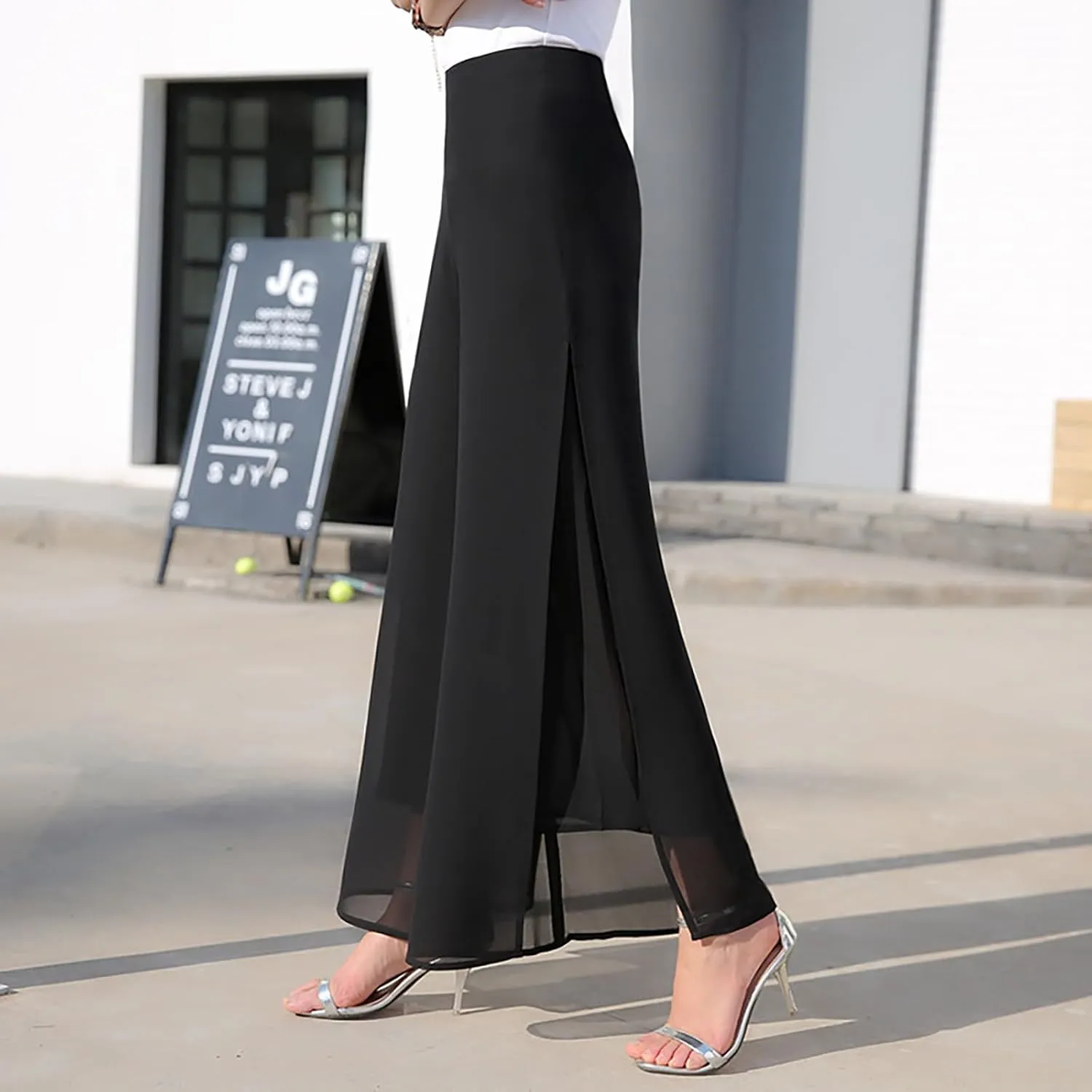 Women's Lightweight Chiffon Flowy Wide Leg Dress Pants High Elastic Waisted Trousers Flared Business Casual Pants