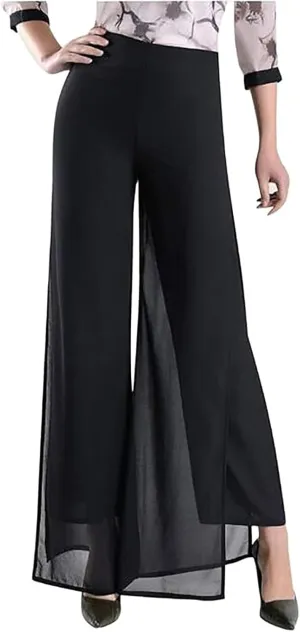 Women's Lightweight Chiffon Flowy Wide Leg Dress Pants High Elastic Waisted Trousers Flared Business Casual Pants
