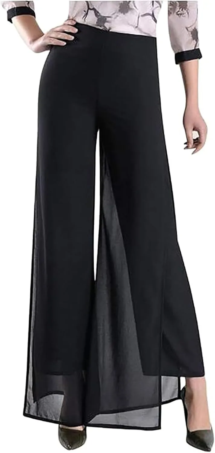 Women's Lightweight Chiffon Flowy Wide Leg Dress Pants High Elastic Waisted Trousers Flared Business Casual Pants