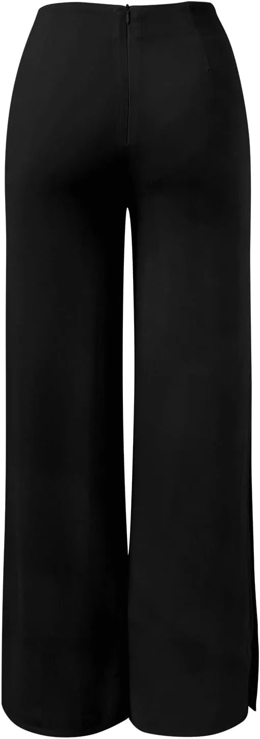 Women's Lightweight Chiffon Flowy Wide Leg Dress Pants High Elastic Waisted Trousers Flared Business Casual Pants