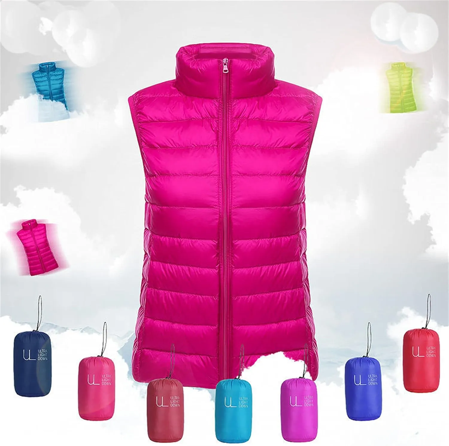 Womens Lightweight Padded Vest Coats Stand Collar Packable Down Vest