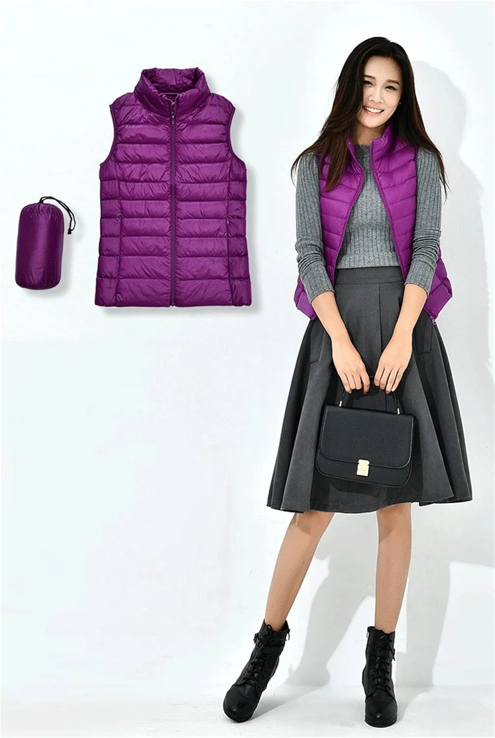 Womens Lightweight Padded Vest Coats Stand Collar Packable Down Vest